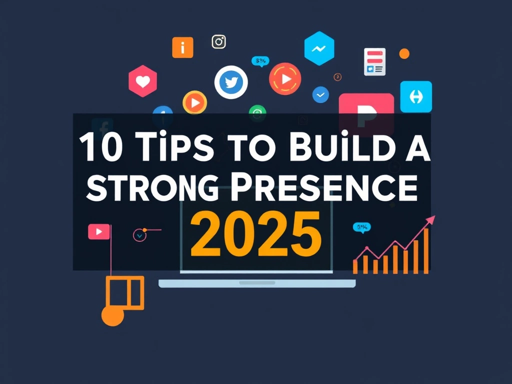 A modern and visually appealing cover image for a blog post titled 10 Tips to Build a Strong Digital Presence in 2025 The design should feature elements representing digital marketing such as social media